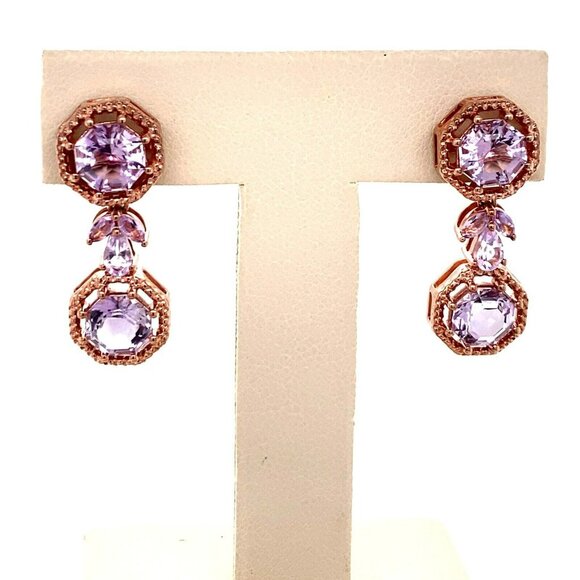 FARA Rose Gold Plate over Sterling Silver & Amethyst Dangle Pierced Earrings 189 - Picture 1 of 7